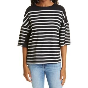 LA LIGNE Striped Cotton Tee Crewneck Elbow-Length Sleeves Black & White Size XS